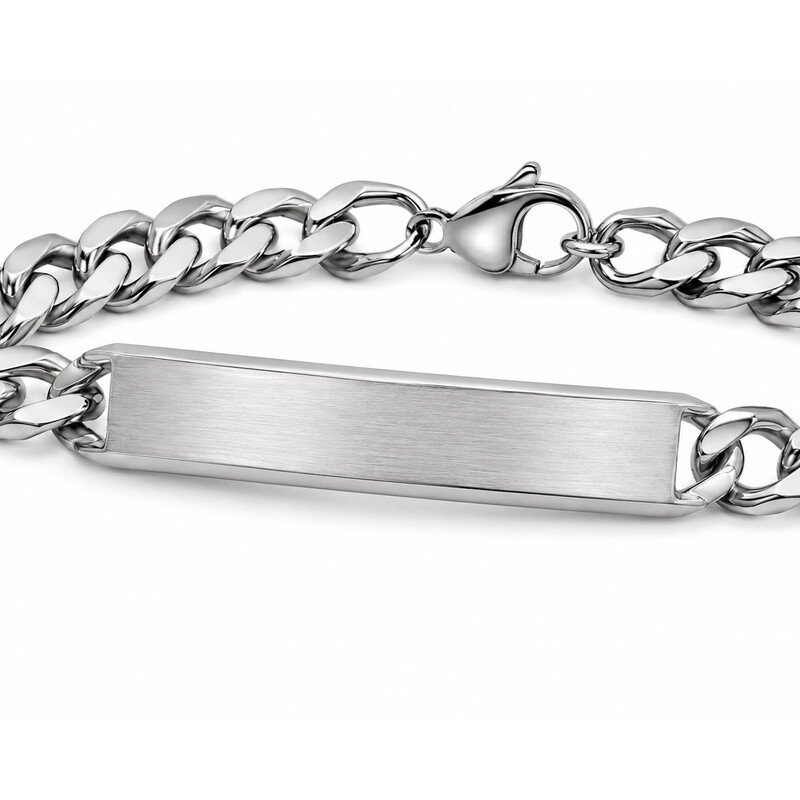 Blank brushed engraving plate and lobster clasp detail on stainless steel ID bracelet