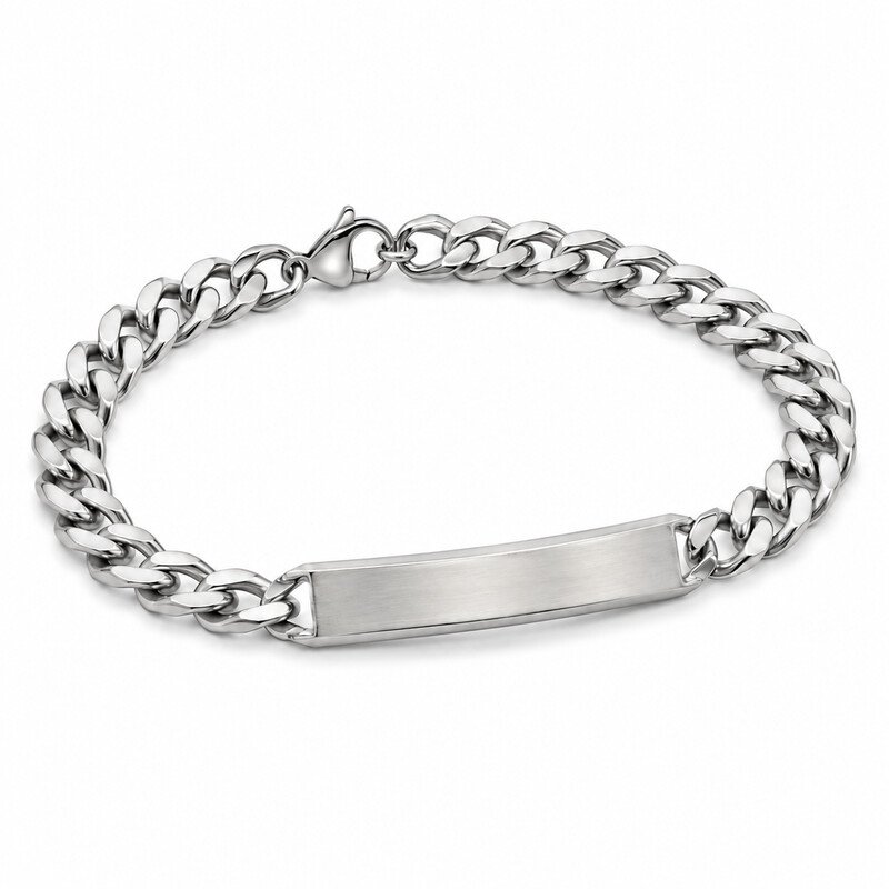 Men's silver stainless steel ID bracelet 45 degree view