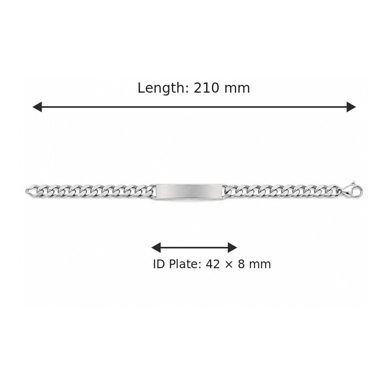 Stainless steel ID bracelet 210 mm length and 42 by 8 mm plate size guide