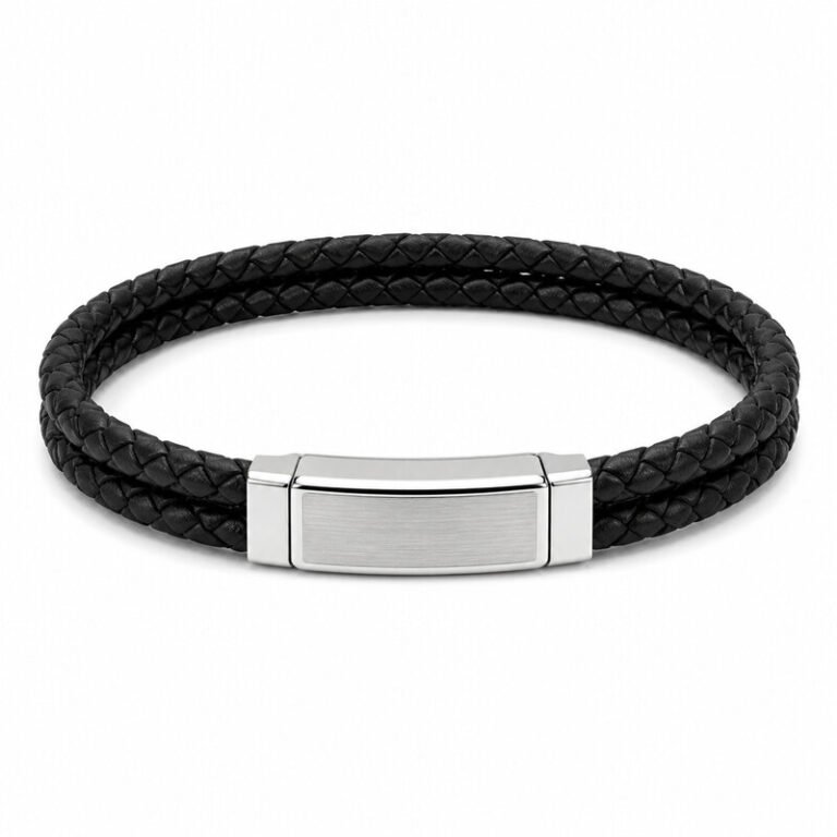 Men's black braided leather and stainless steel bracelet front view