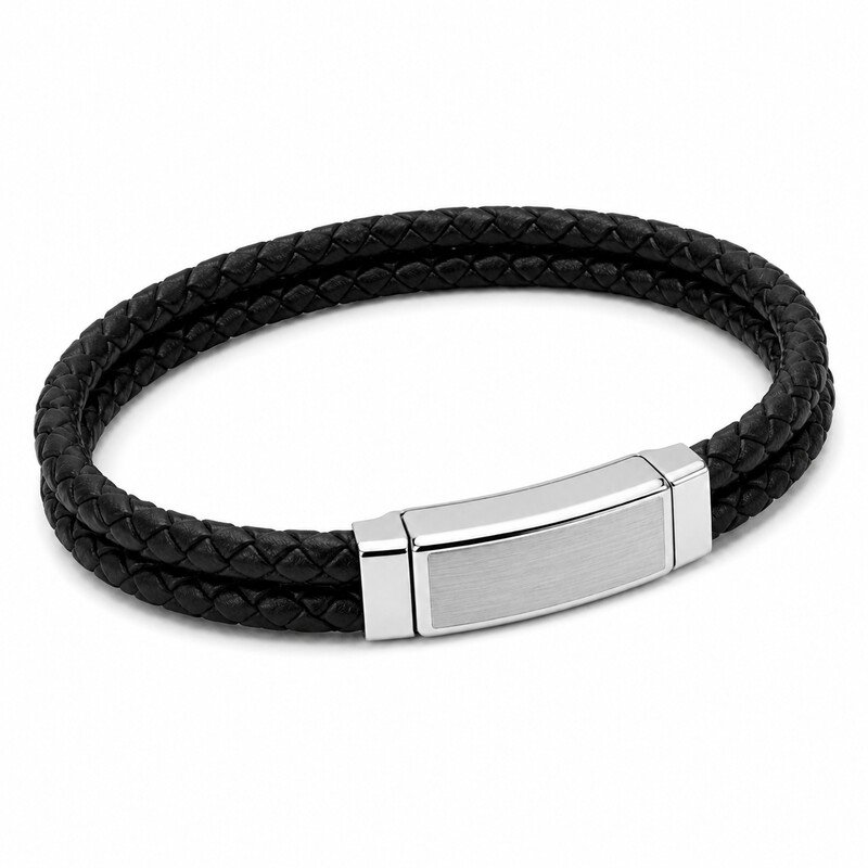 Double strand braided leather and stainless steel bracelet 45 degree view