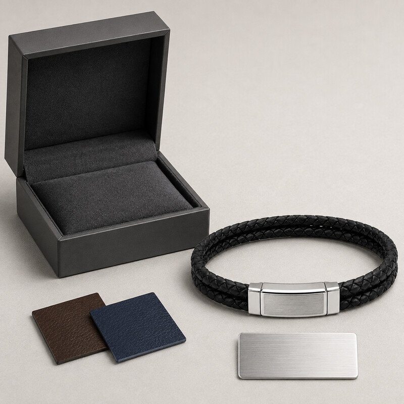 Custom leather and stainless steel bracelet OEM packaging with color swatches