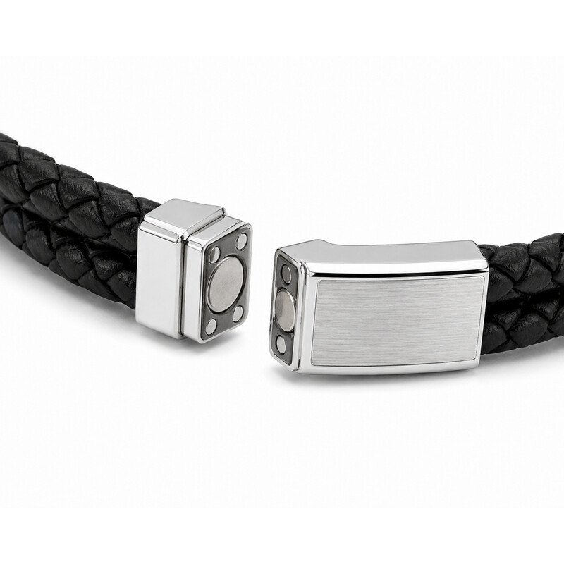 Black leather bracelet stainless steel magnetic clasp detail