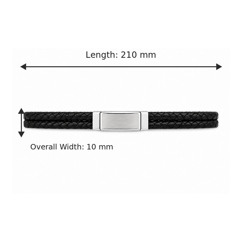 Leather and stainless steel bracelet 210 mm length and 10 mm width size guide