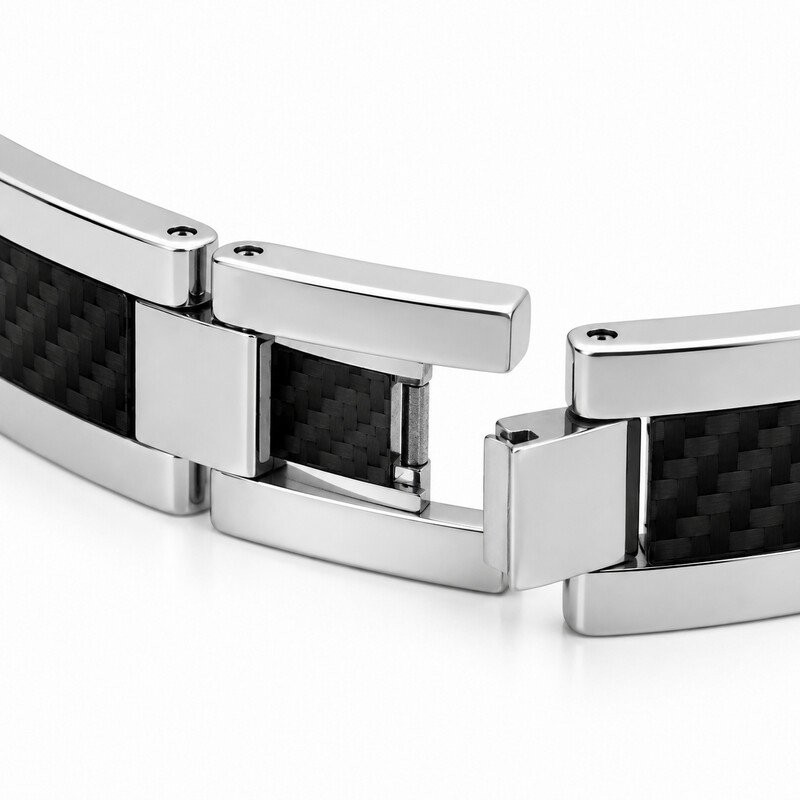 Carbon fiber inlay and hidden clasp detail on stainless steel bracelet