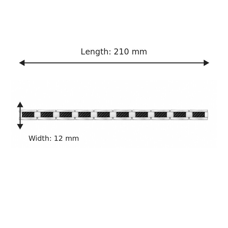 Carbon fiber stainless steel bracelet 210 mm length and 12 mm width size guide