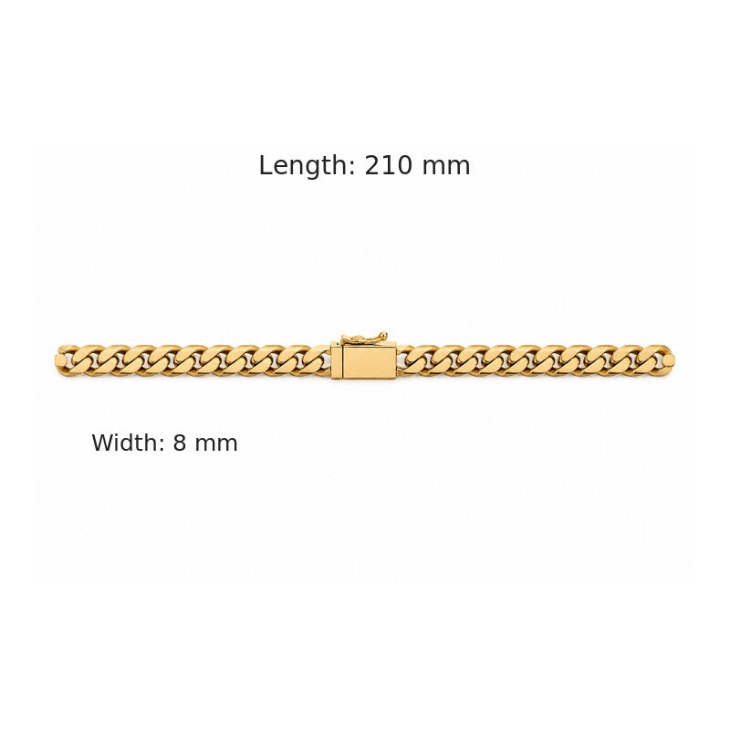 Gold curb chain bracelet 210 mm length and 8 mm width size guide