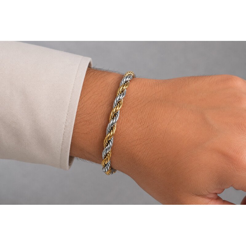 Two tone stainless steel rope bracelet worn on wrist
