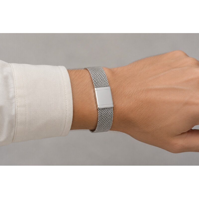 silver mesh bracelet on wrist