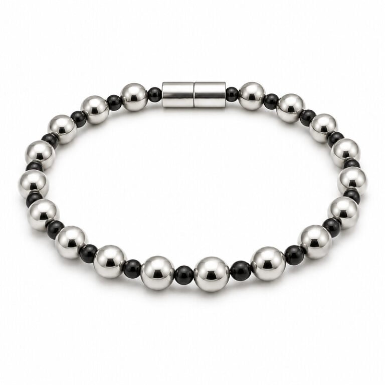 Silver and black stainless steel beaded bracelet front view