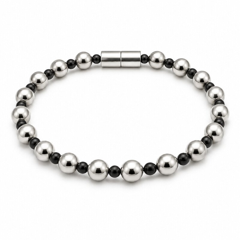 Silver and black stainless steel beaded bracelet front view