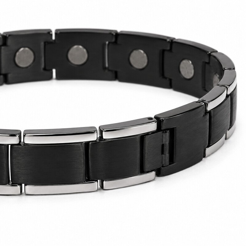 Men's black magnetic stainless steel bracelet on wrist