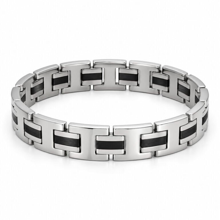 Silver and black stainless steel stretch bracelet front view