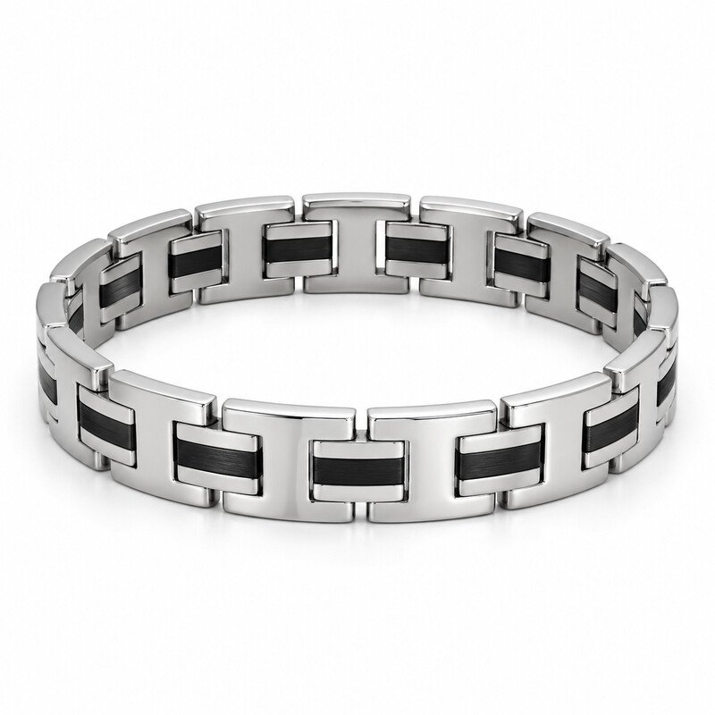 Silver and black stainless steel stretch bracelet front view