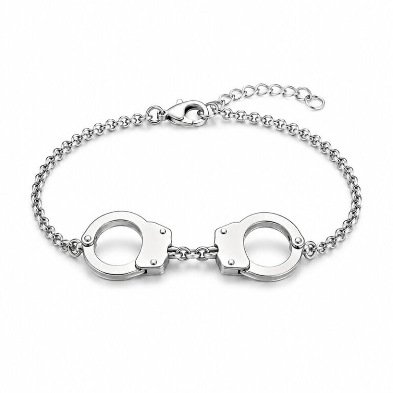 Silver stainless steel handcuff motif bracelet front view