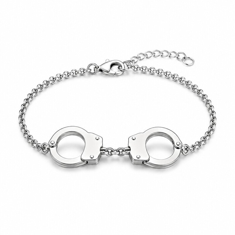 Silver stainless steel handcuff motif bracelet front view