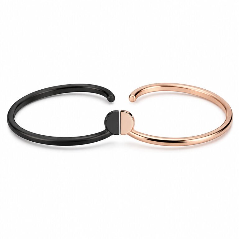 Black and rose gold stainless steel couple bracelets front view