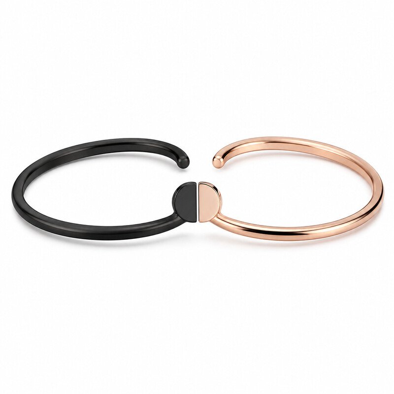 Black and rose gold stainless steel couple bracelets front view
