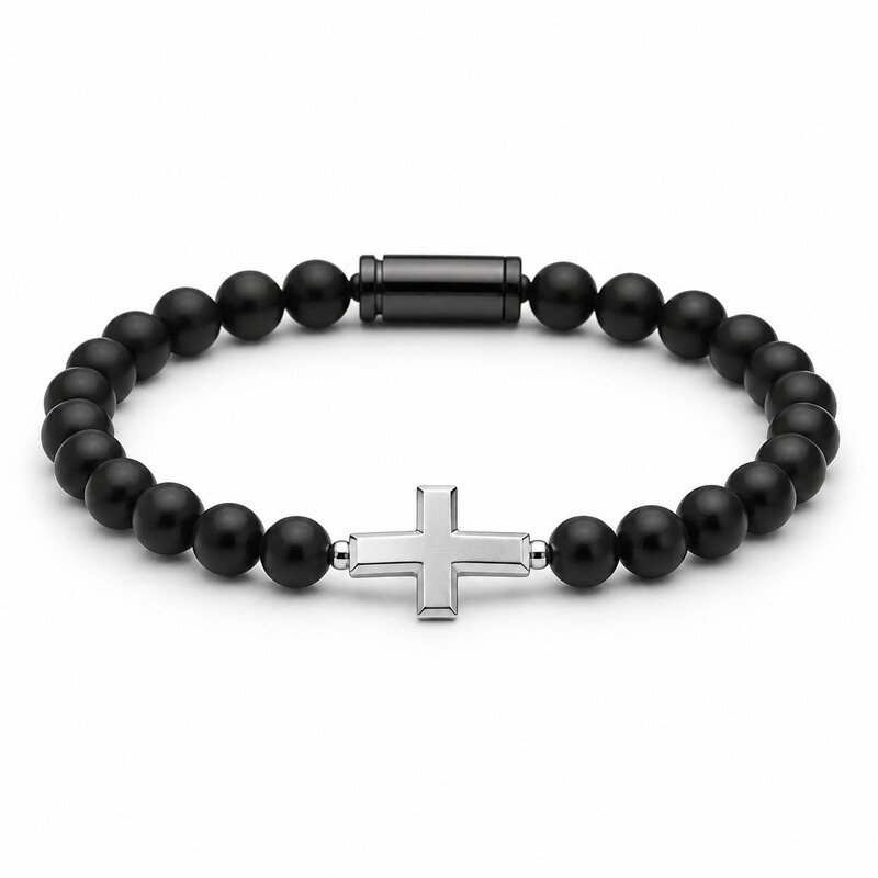 Black stainless steel cross bracelet front view