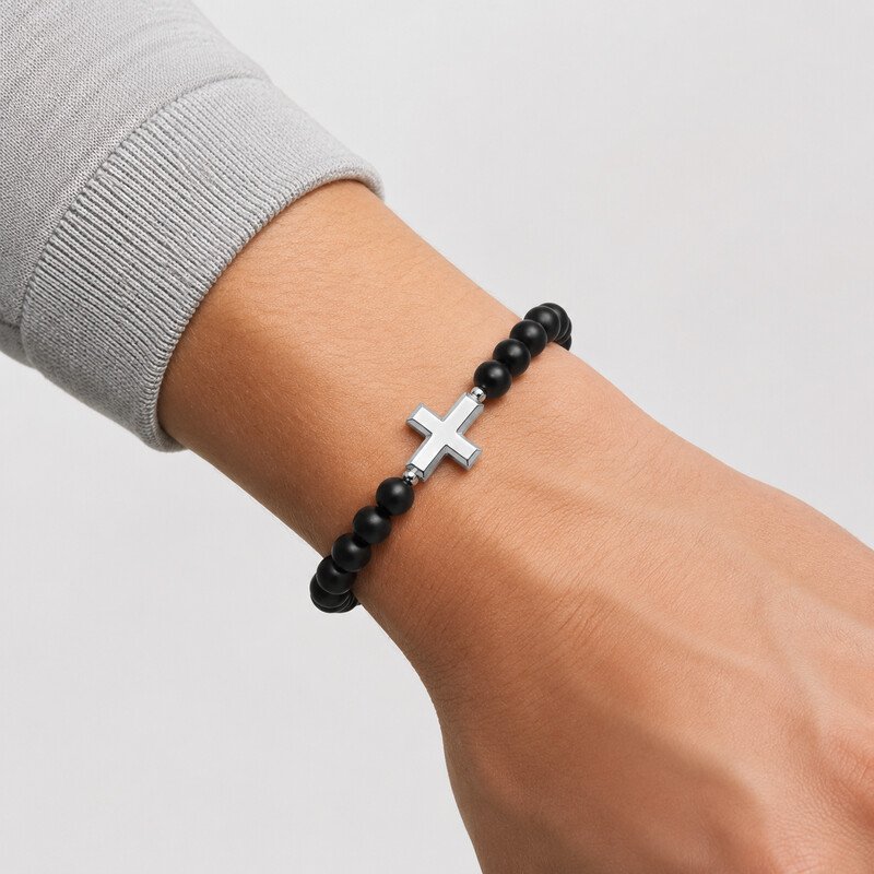 Black bead cross bracelet 45 degree view
