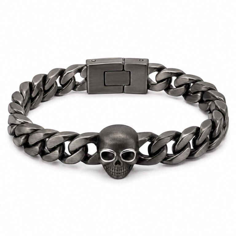 Gunmetal stainless steel skull bracelet front view