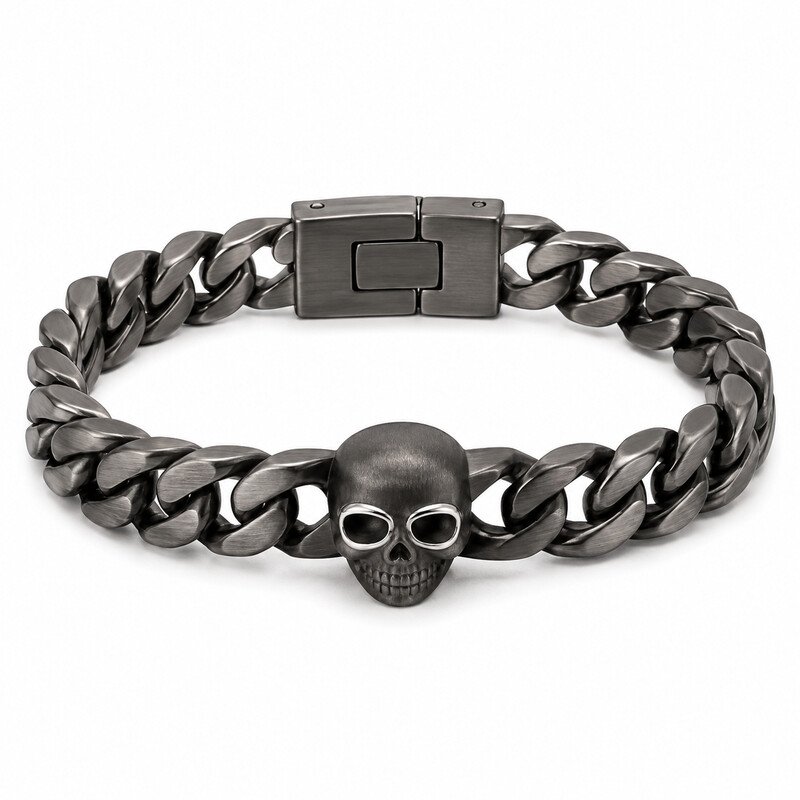 Gunmetal stainless steel skull bracelet front view