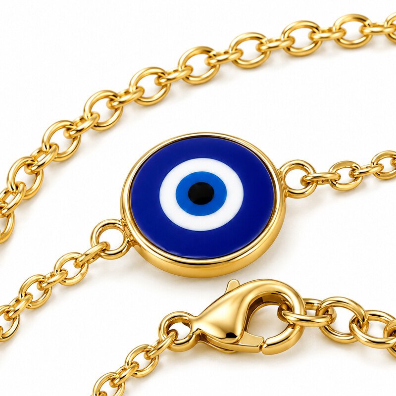 Blue evil eye medallion and clasp detail