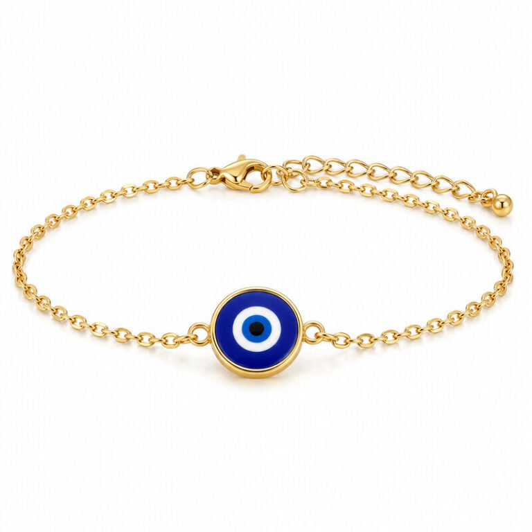 Gold stainless steel evil eye bracelet front view