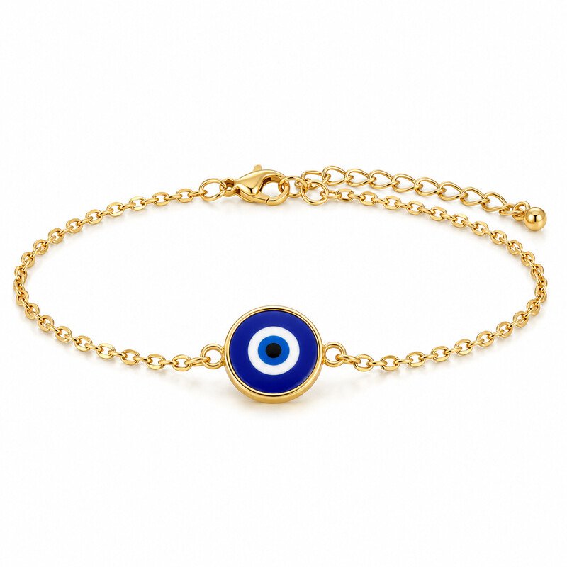 Gold stainless steel evil eye bracelet front view