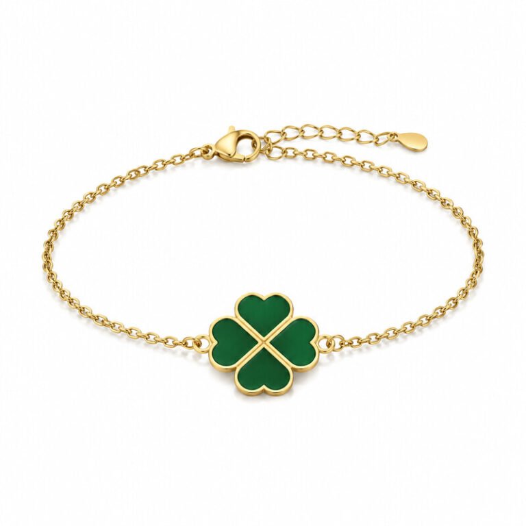 Gold green clover bracelet front view
