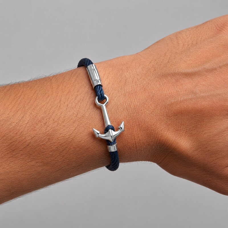 Mens navy anchor bracelet worn on wrist