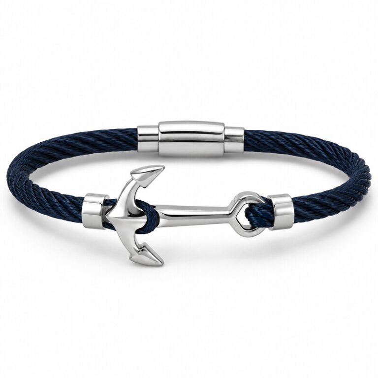 Navy stainless steel anchor bracelet front view