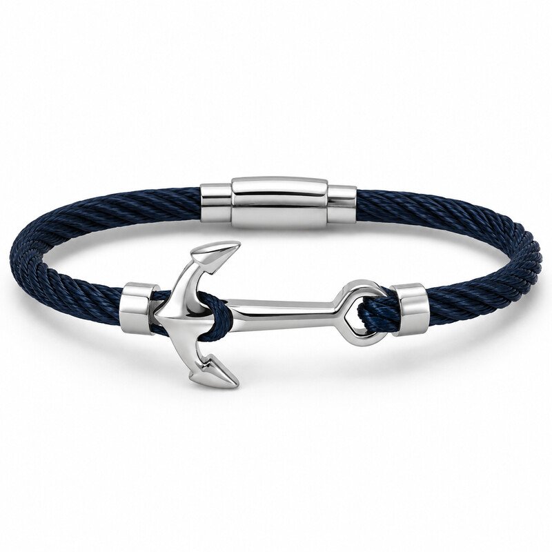 Navy stainless steel anchor bracelet front view