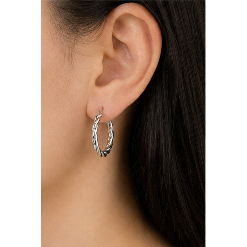 stainless steel twisted hoop earrings - model view