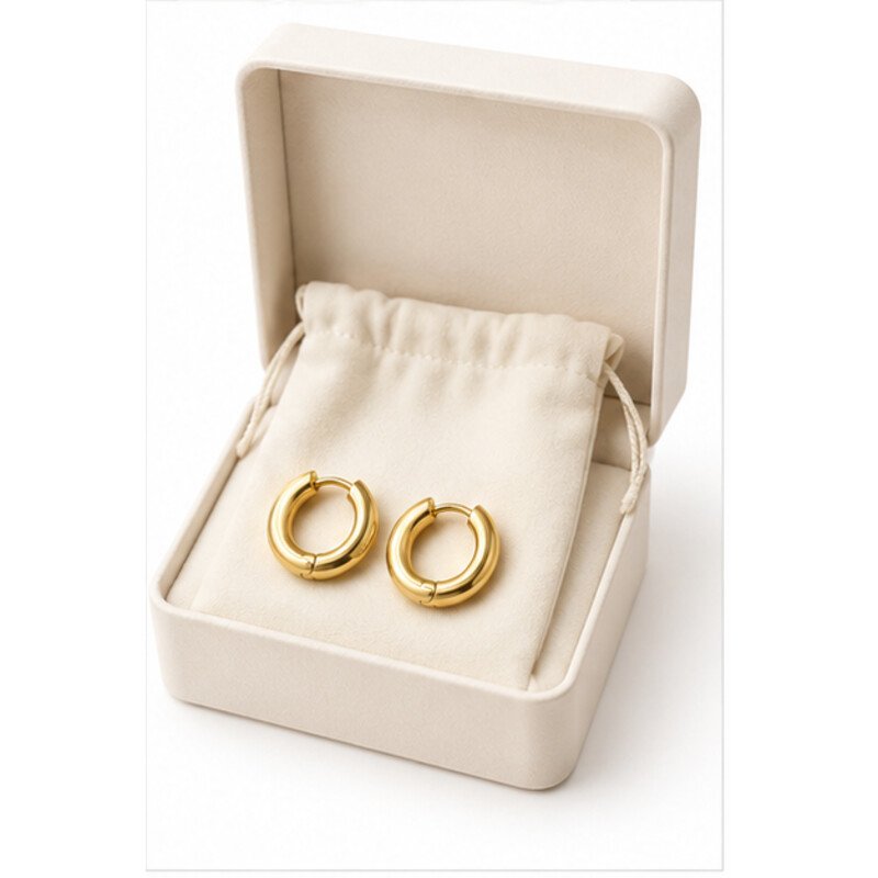 gold stainless steel huggie earrings - packaging view