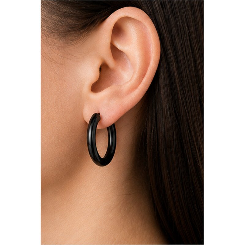black stainless steel hoop earrings - model view