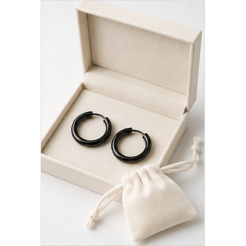 black stainless steel hoop earrings - packaging view