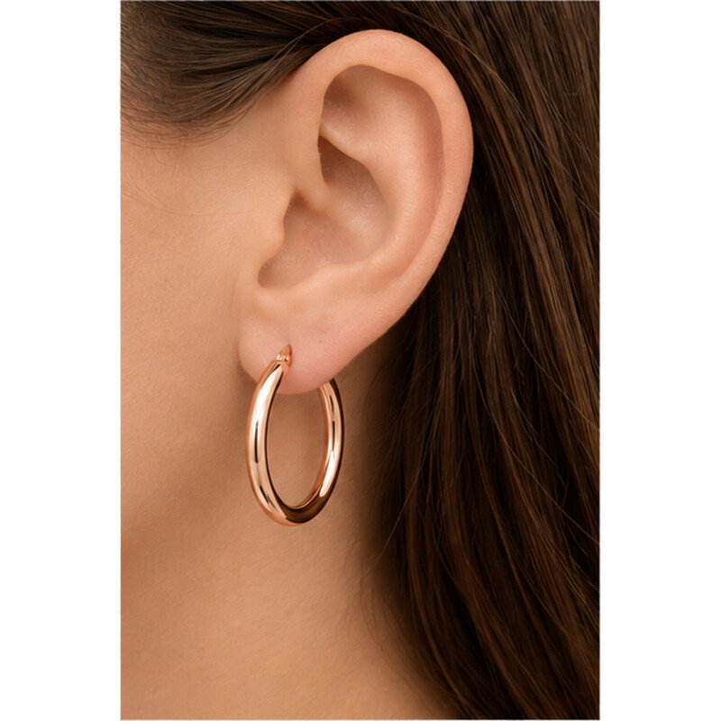 rose gold stainless steel hoop earrings - model view