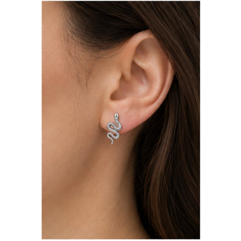stainless steel snake earrings - model view