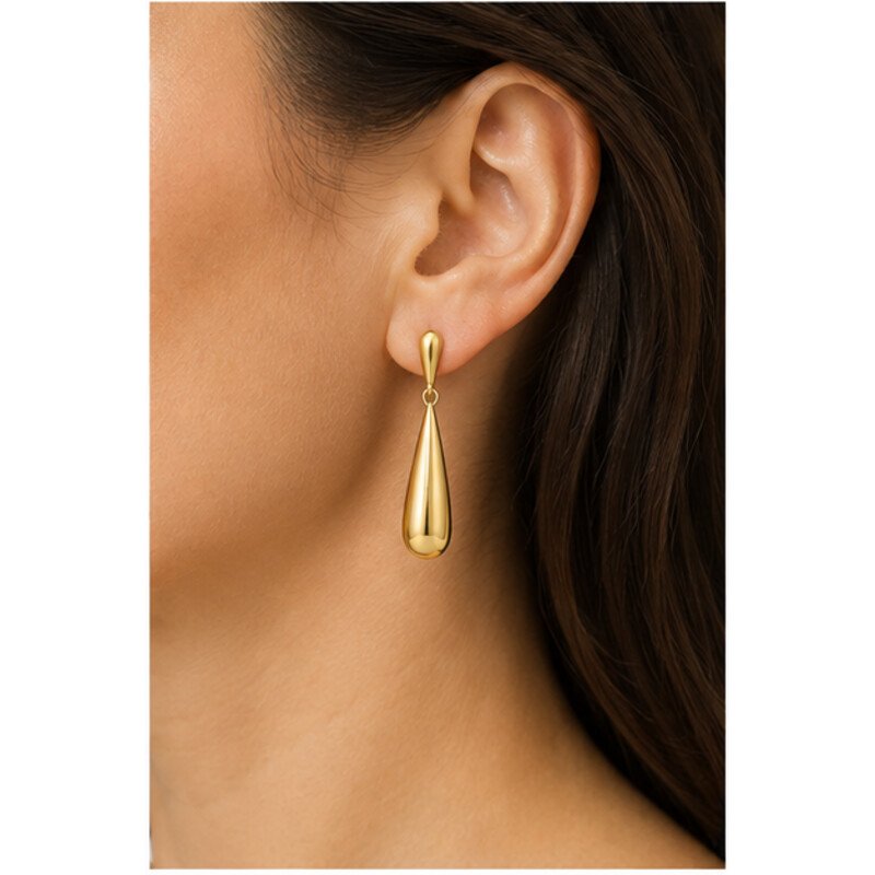 gold stainless steel drop earrings - model view