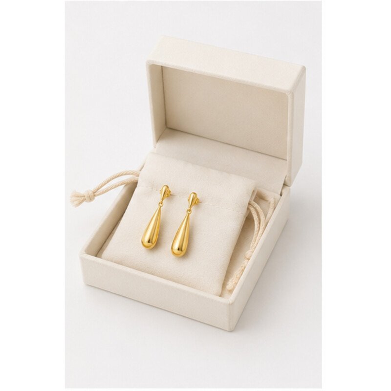 gold stainless steel drop earrings - packaging view