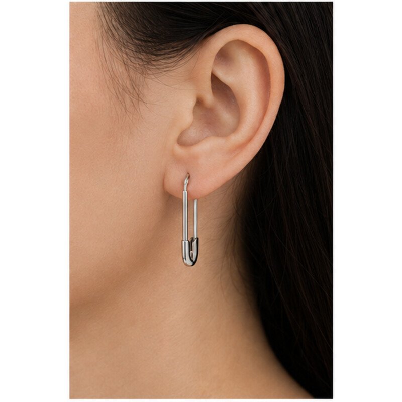 stainless steel safety pin earrings - model view