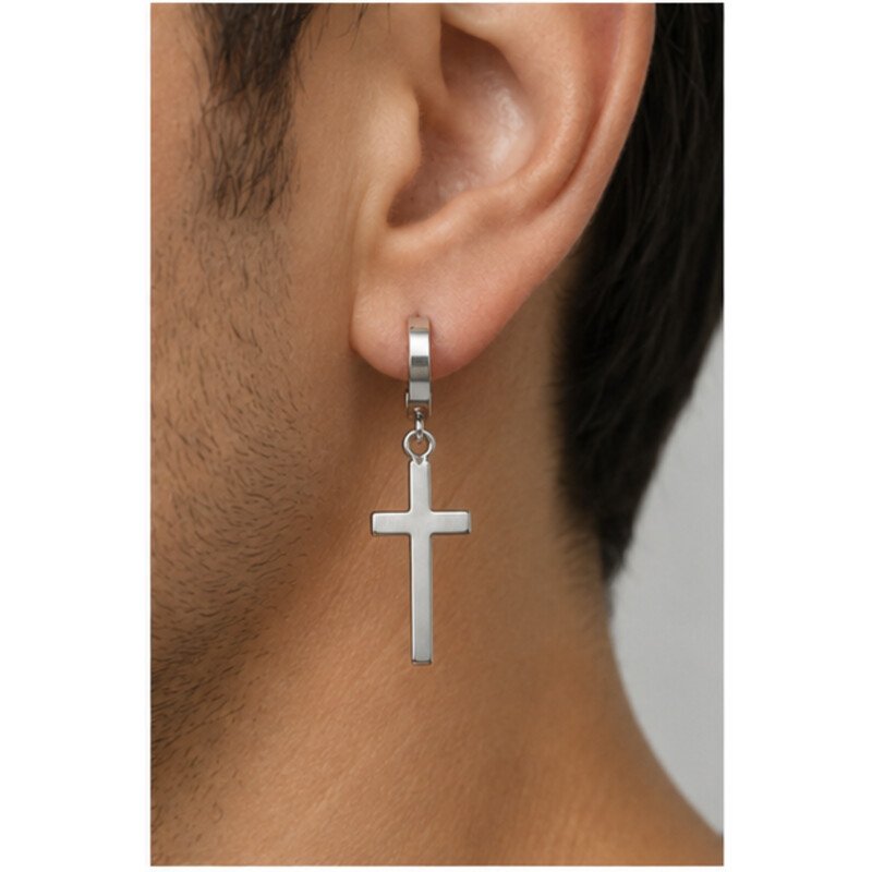 stainless steel cross earrings - model view