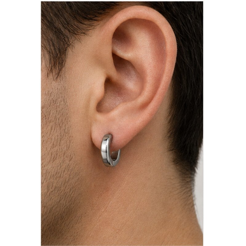 mens stainless steel hoop earrings - model view