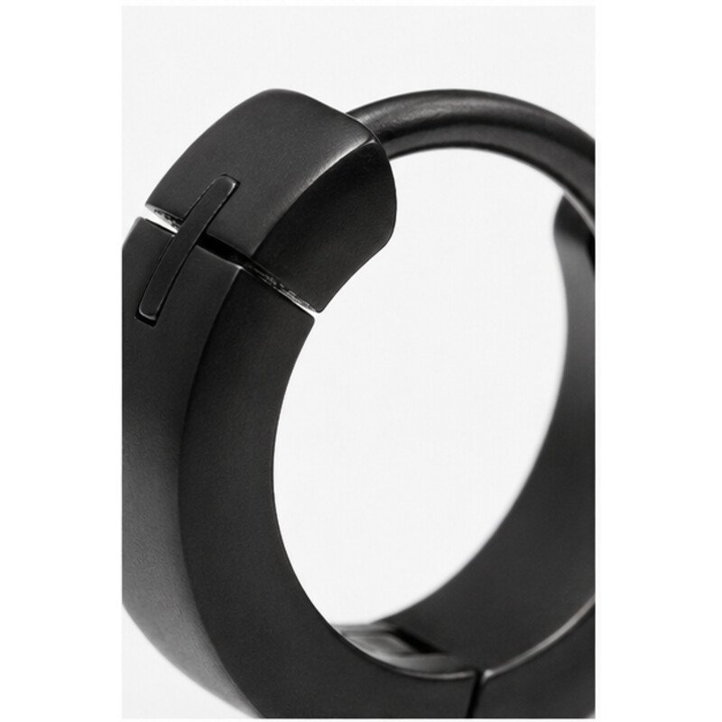 mens black stainless steel huggie earrings - detail view