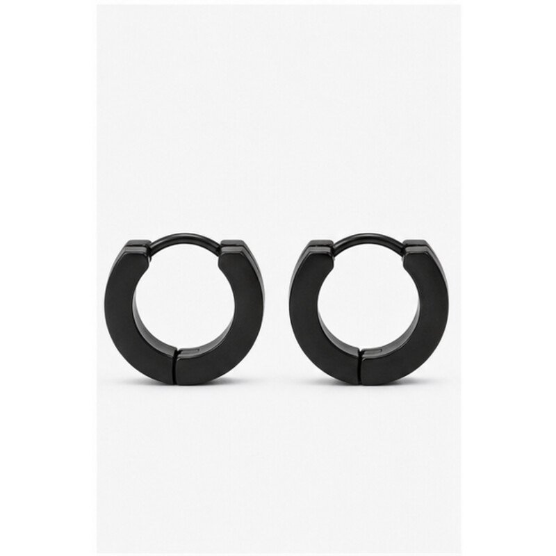 mens black stainless steel huggie earrings - front view