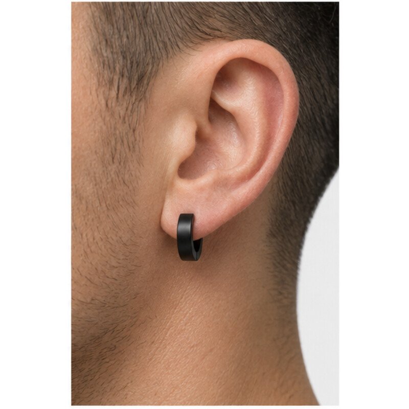 mens black stainless steel huggie earrings - model view