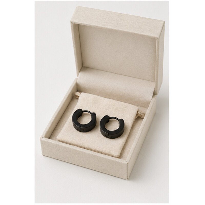 mens black stainless steel huggie earrings - packaging view