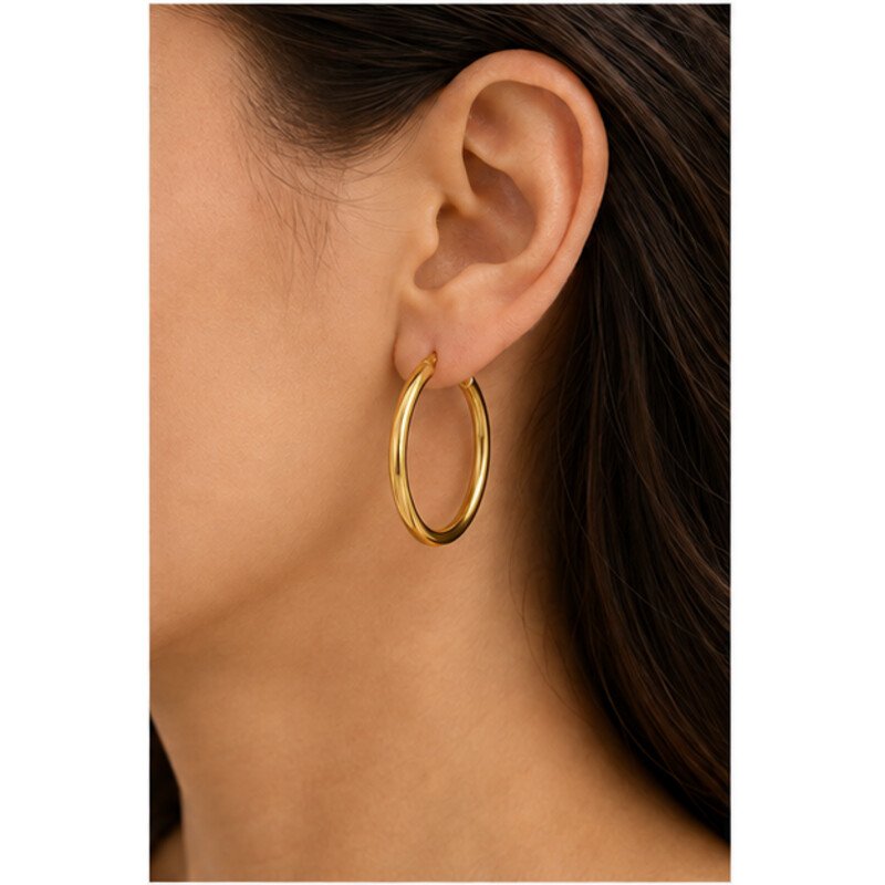 gold stainless steel hoop earrings - model view