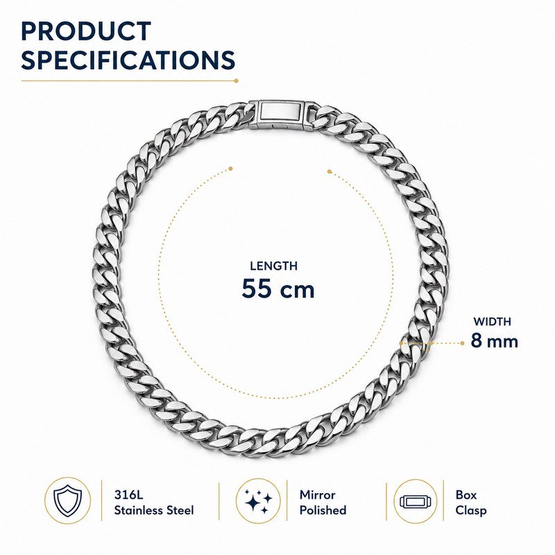 55 cm long and 8 mm wide stainless steel Cuban link necklace specifications